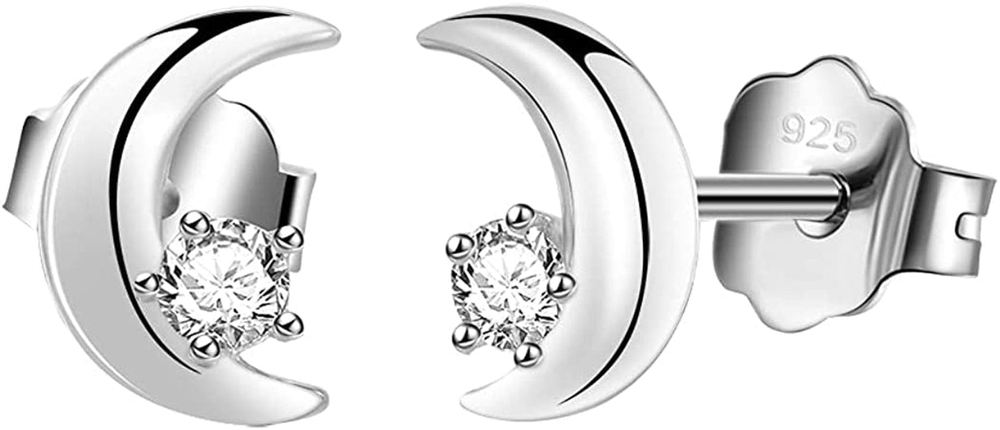 925 Sterling Silver Stud Earrings, Boruo Crescent Moon, Star, Sun High Polish Tarnish Resistant Earrings Star and Moon with CZ 3