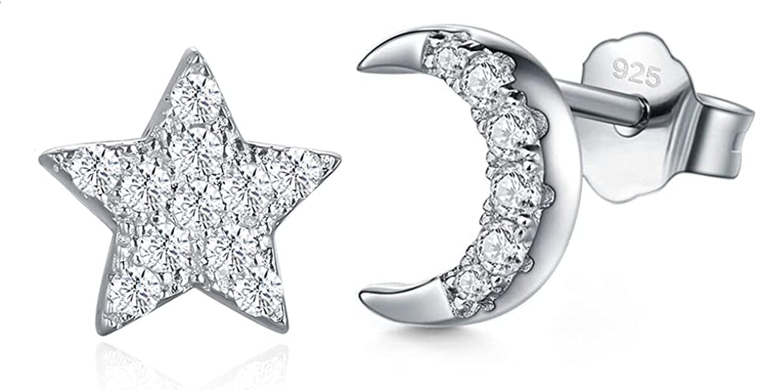 925 Sterling Silver Stud Earrings, Boruo Crescent Moon, Star, Sun High Polish Tarnish Resistant Earrings Silver Moon Star with CZ
