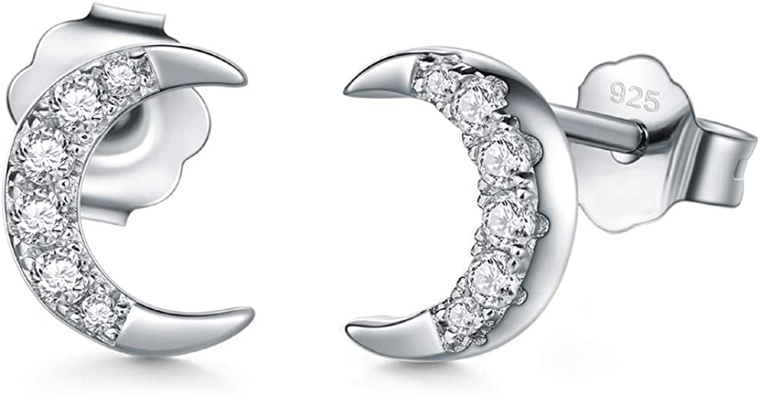 925 Sterling Silver Stud Earrings, Boruo Crescent Moon, Star, Sun High Polish Tarnish Resistant Earrings CZ Silver Moon 2