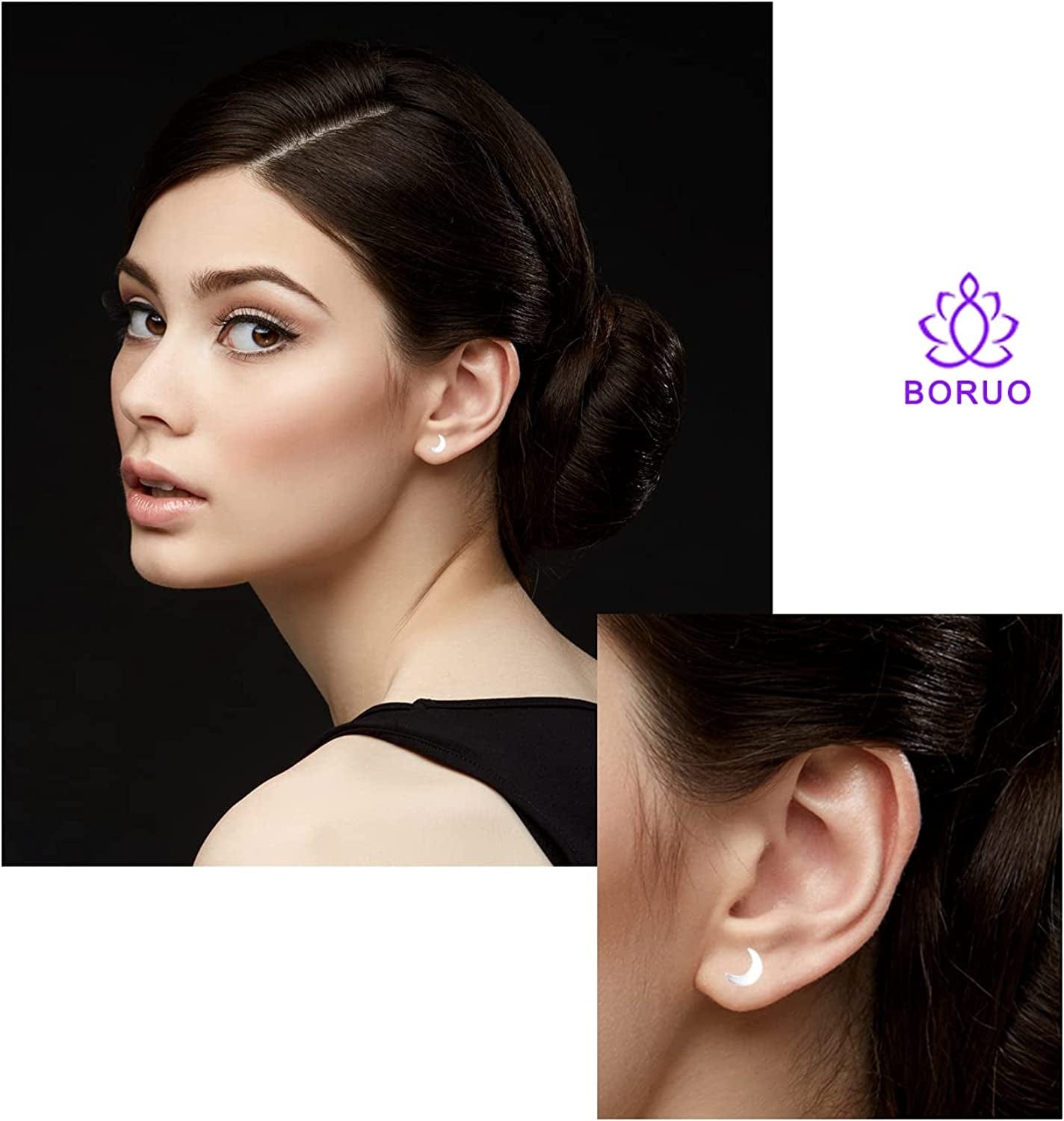 925 Sterling Silver Stud Earrings, Boruo Crescent Moon, Star, Sun High Polish Tarnish Resistant Earrings