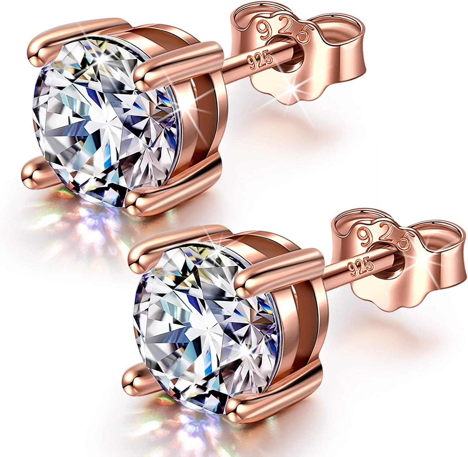 925 Sterling Silver Stud Earrings for Women Men, Cubic Zirconia from Austria, Flawless (FL) Clarity & Exellent Cut, Superior Brilliance, Scintillation as Diamond, 4Mm,5Mm,6Mm 6mm Rose Gold