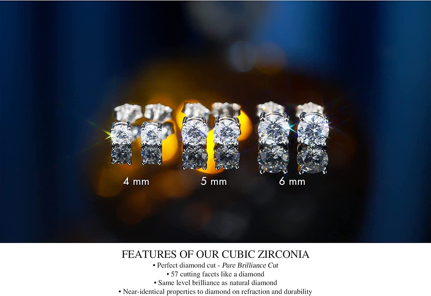 925 Sterling Silver Stud Earrings for Women Men, Cubic Zirconia from Austria, Flawless (FL) Clarity & Exellent Cut, Superior Brilliance, Scintillation as Diamond, 4Mm,5Mm,6Mm