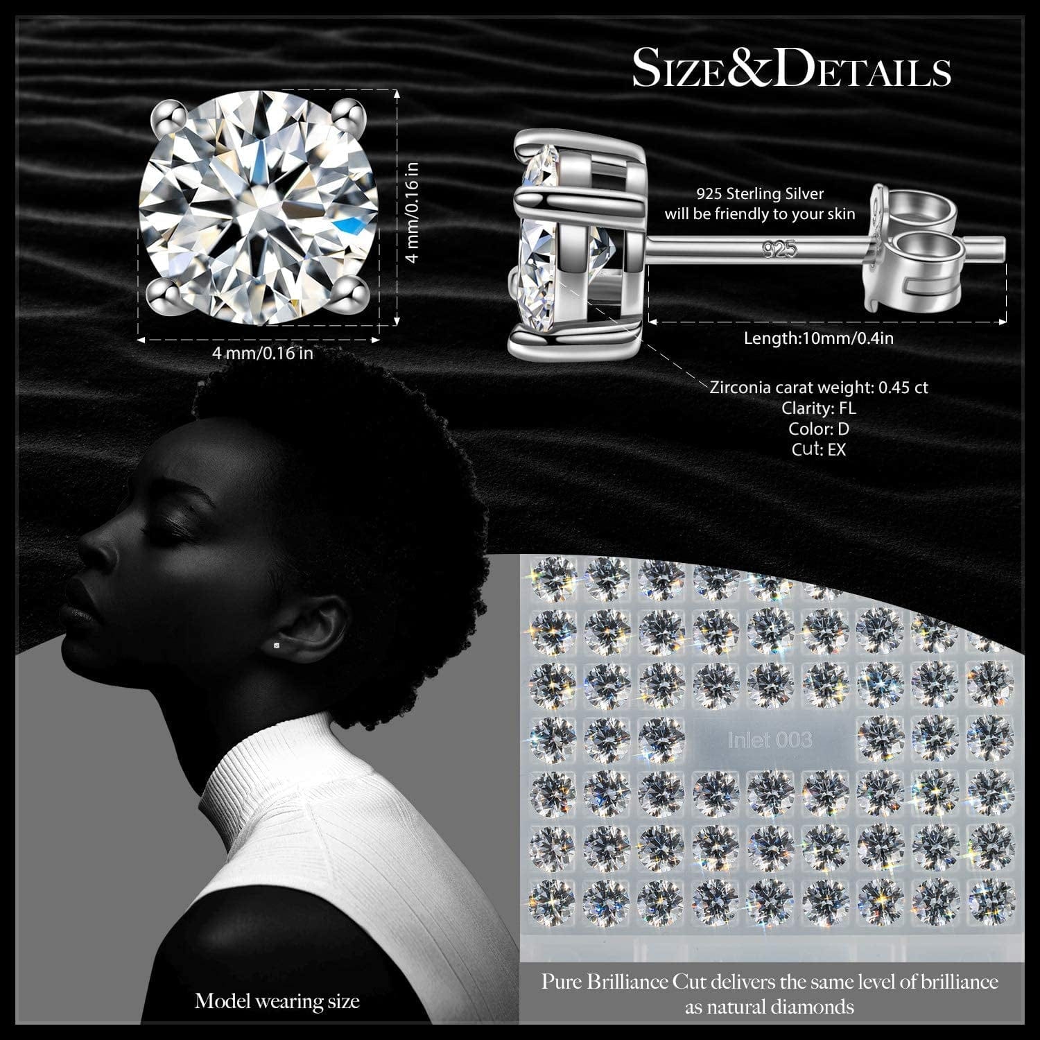 925 Sterling Silver Stud Earrings for Women Men, Cubic Zirconia from Austria, Flawless (FL) Clarity & Exellent Cut, Superior Brilliance, Scintillation as Diamond, 4Mm,5Mm,6Mm