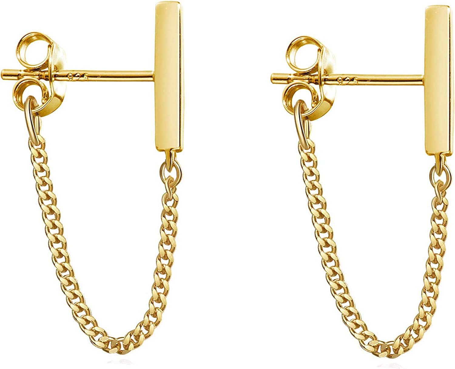 925 Sterling Silver Stud Earrings Minimalist Bar Earrings with Chain Dangle Earrings for Women A-Gold-3cm