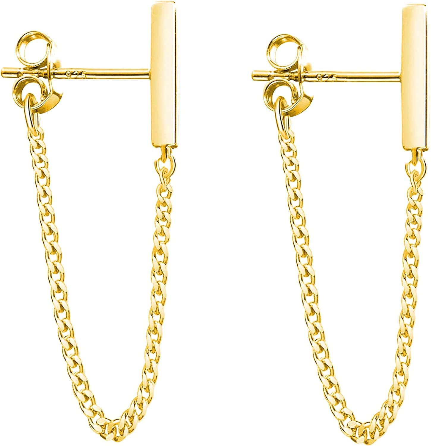 925 Sterling Silver Stud Earrings Minimalist Bar Earrings with Chain Dangle Earrings for Women B-Gold-6cm