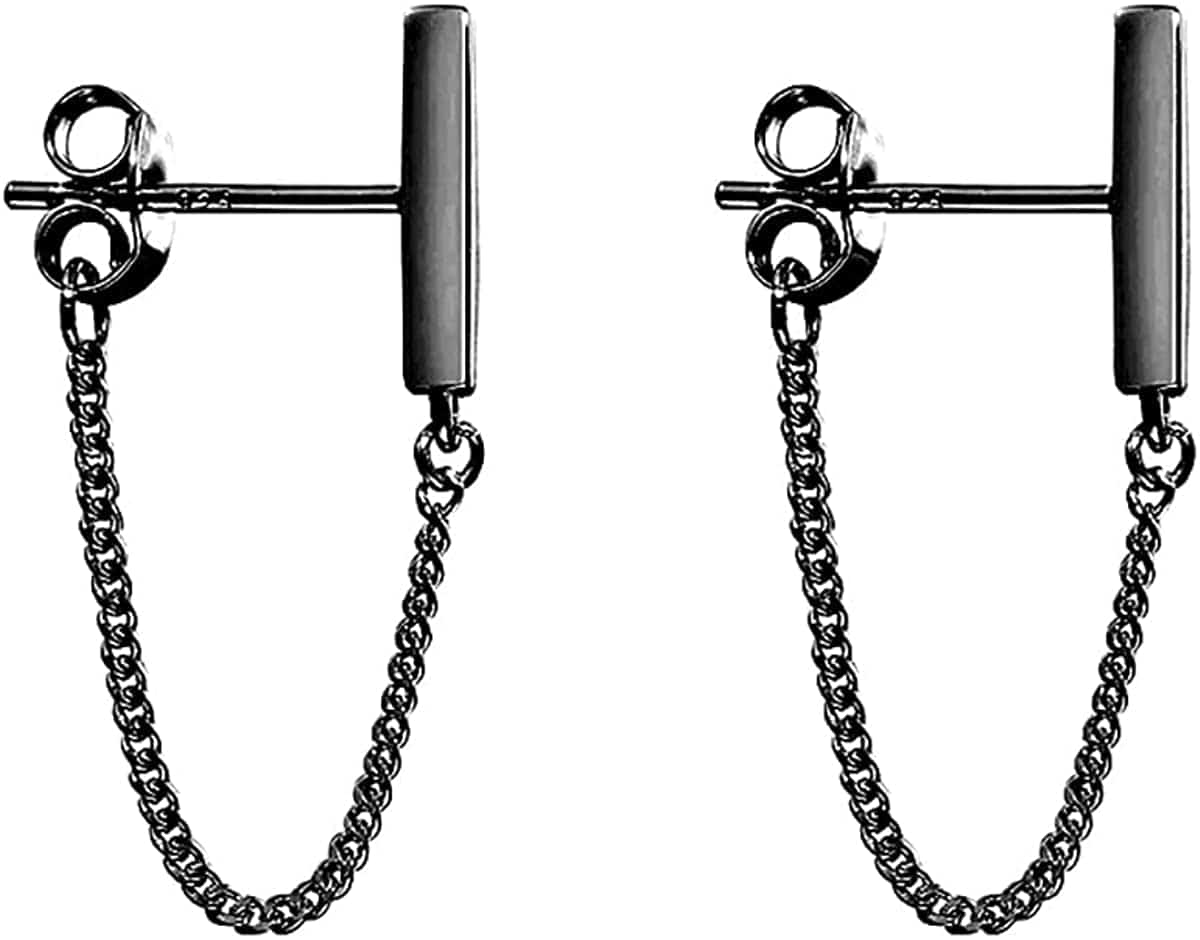 925 Sterling Silver Stud Earrings Minimalist Bar Earrings with Chain Dangle Earrings for Women A-VBlack-3cm