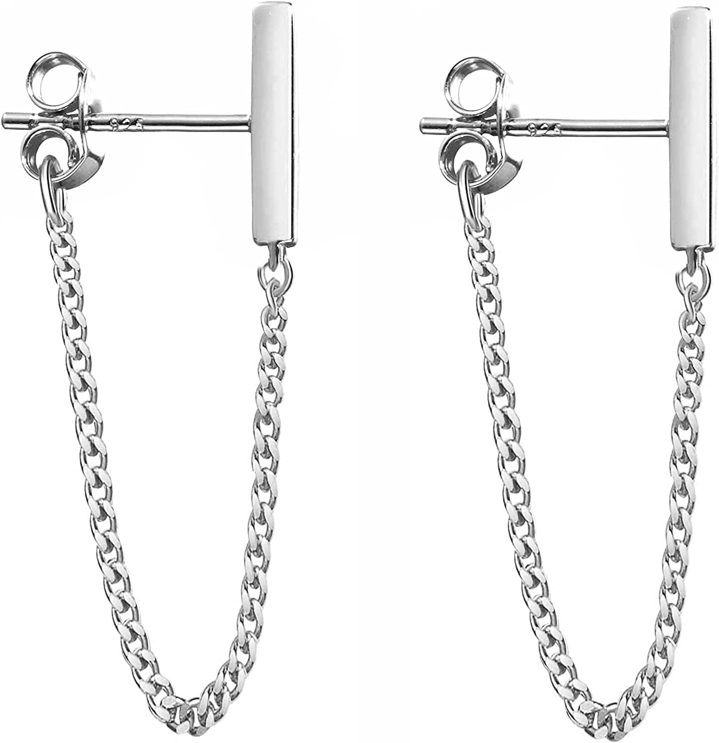 925 Sterling Silver Stud Earrings Minimalist Bar Earrings with Chain Dangle Earrings for Women B-Silver-6cm