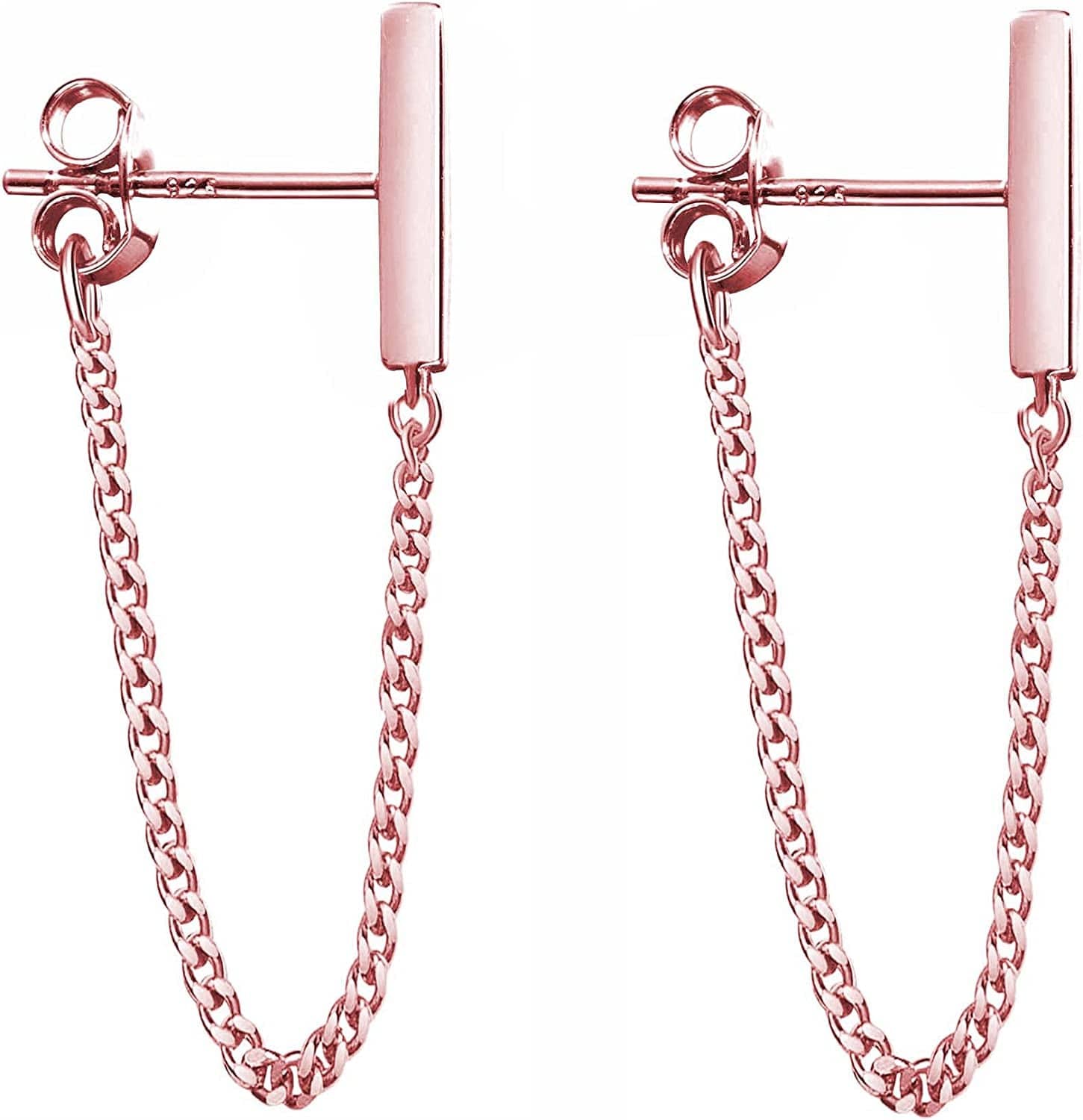 925 Sterling Silver Stud Earrings Minimalist Bar Earrings with Chain Dangle Earrings for Women B-Rose Gold-6cm