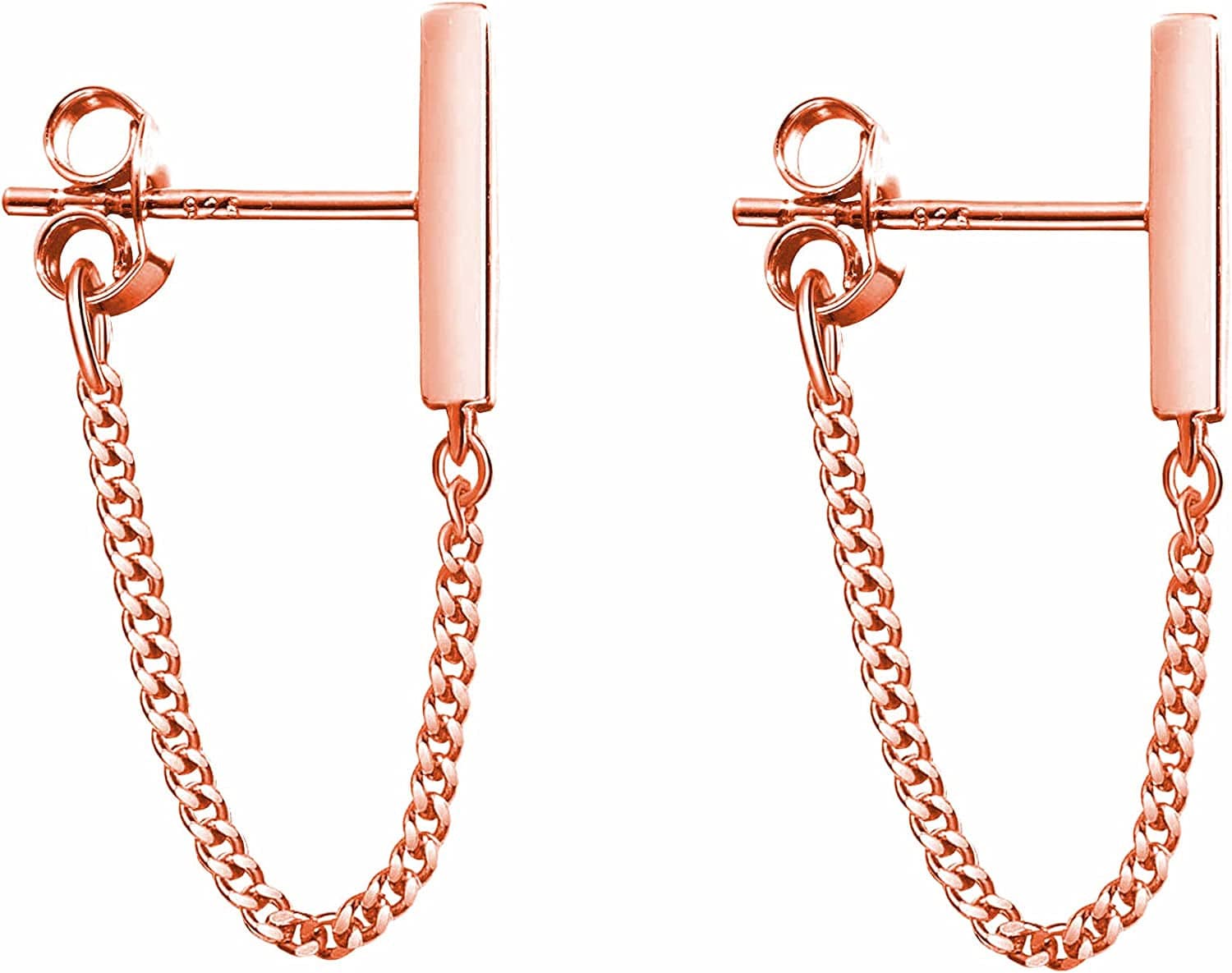 925 Sterling Silver Stud Earrings Minimalist Bar Earrings with Chain Dangle Earrings for Women A-Rose Gold-3cm