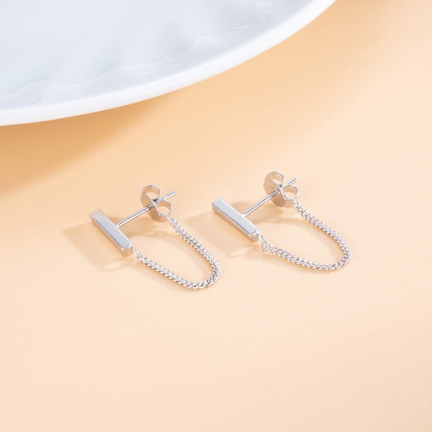 925 Sterling Silver Stud Earrings Minimalist Bar Earrings with Chain Dangle Earrings for Women