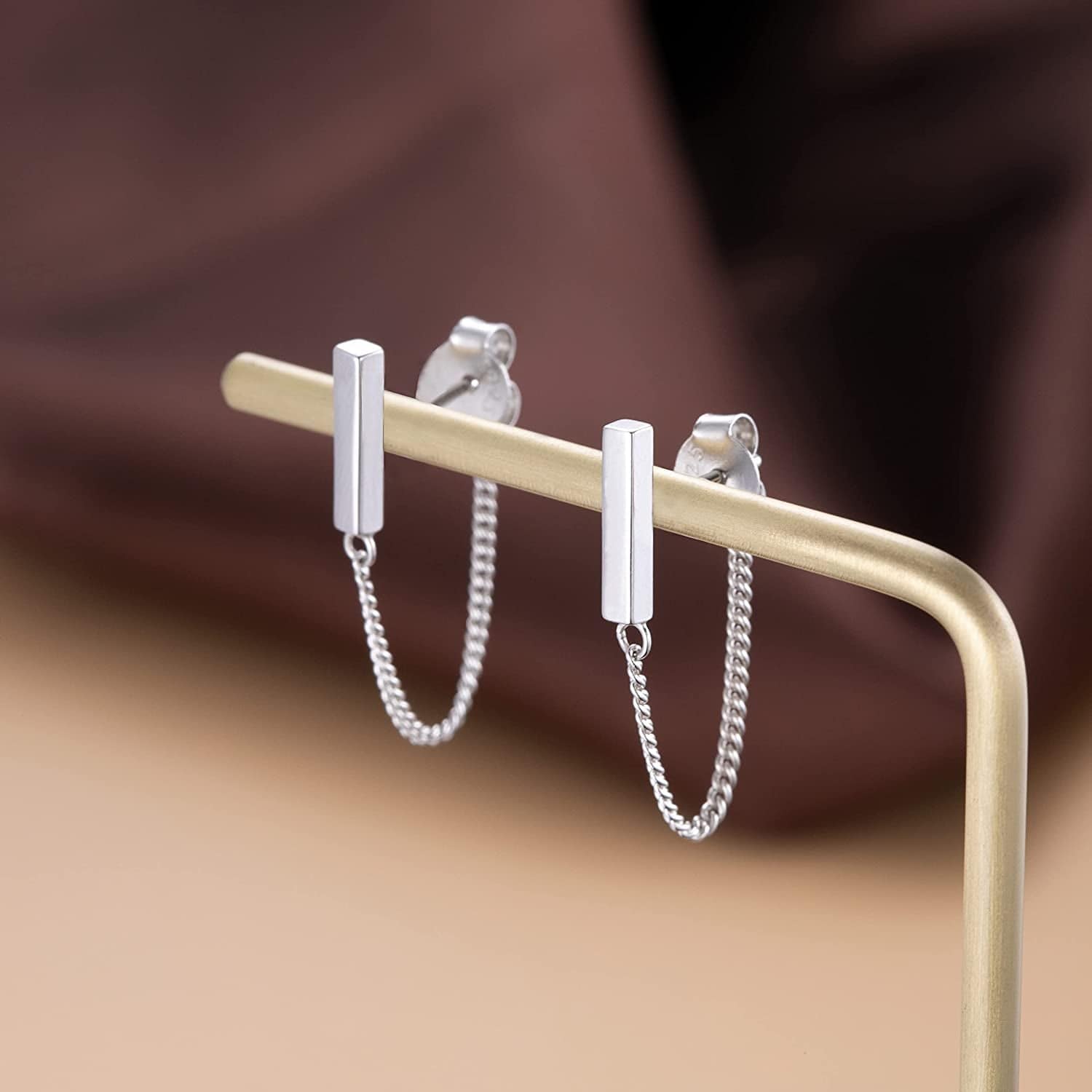 925 Sterling Silver Stud Earrings Minimalist Bar Earrings with Chain Dangle Earrings for Women