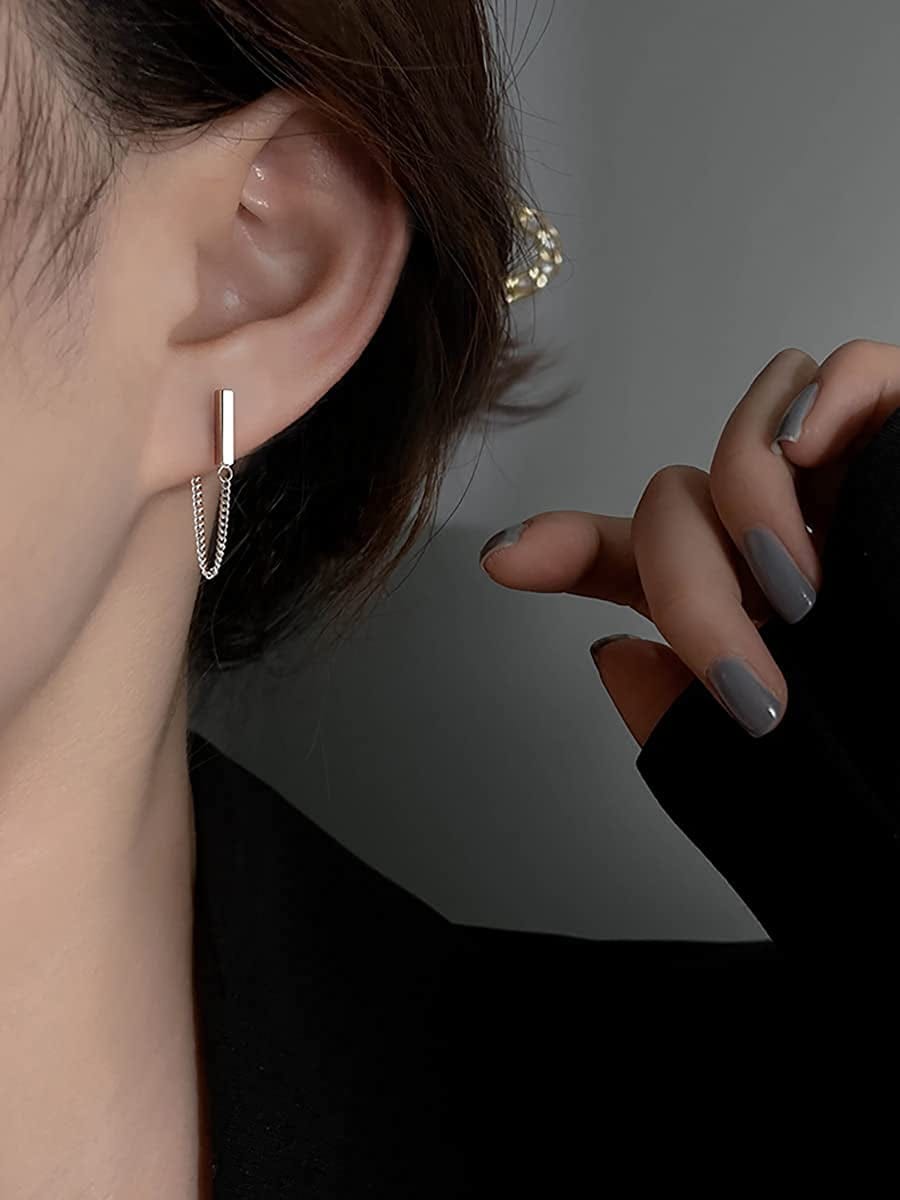 925 Sterling Silver Stud Earrings Minimalist Bar Earrings with Chain Dangle Earrings for Women