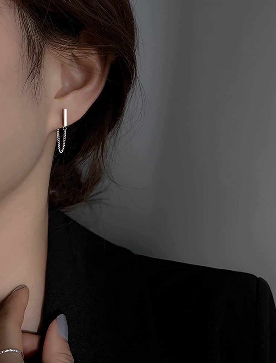 925 Sterling Silver Stud Earrings Minimalist Bar Earrings with Chain Dangle Earrings for Women