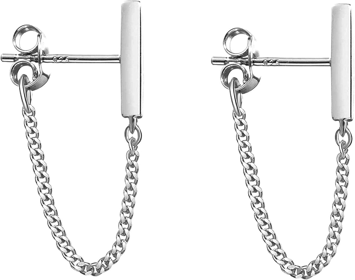 925 Sterling Silver Stud Earrings Minimalist Bar Earrings with Chain Dangle Earrings for Women A-Silver-3cm