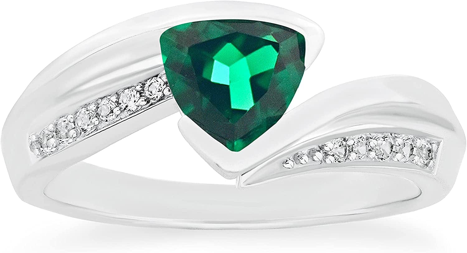 .925 Sterling Silver Trillion-Cut Birthstone & Lab Grown White Sapphire or CZ Double Shank Bypass Style Fashion Ring - Choice of Gem Color/Month 05 May - Created Quartz (Simulated Emerald) / 5