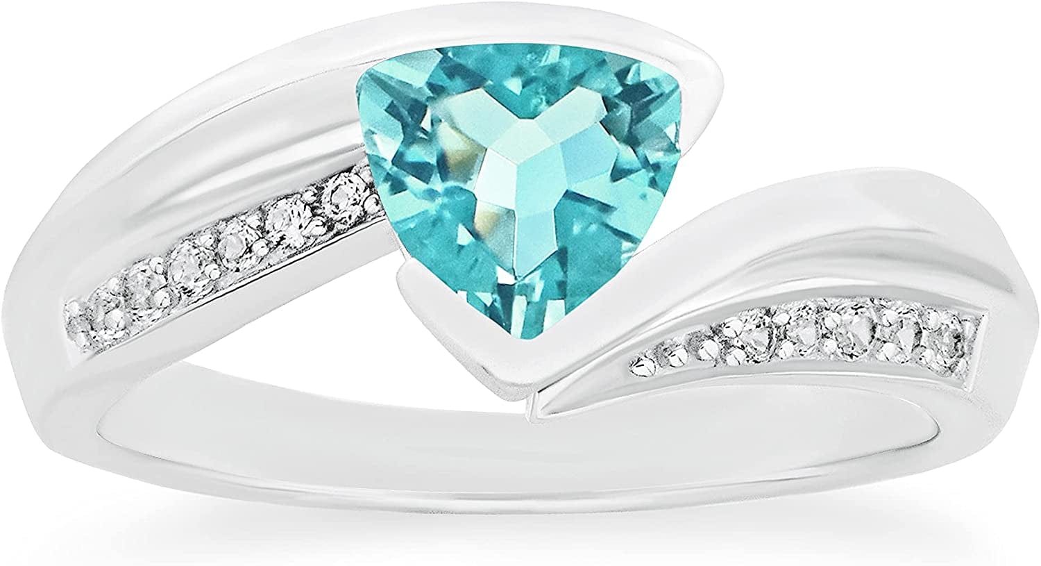 .925 Sterling Silver Trillion-Cut Birthstone & Lab Grown White Sapphire or CZ Double Shank Bypass Style Fashion Ring - Choice of Gem Color/Month 03 March - Created Aquamarine / 9