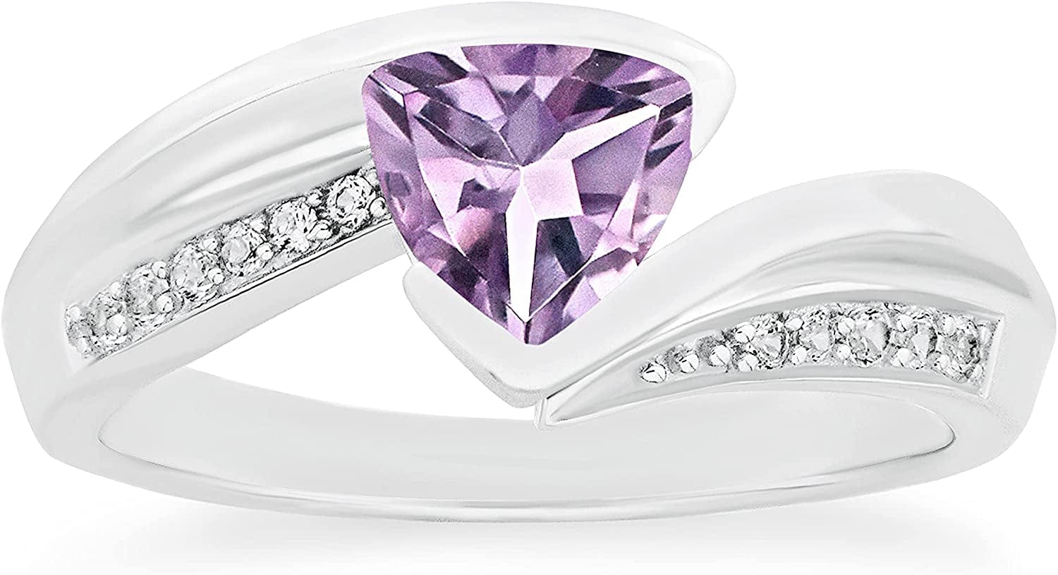 .925 Sterling Silver Trillion-Cut Birthstone & Lab Grown White Sapphire or CZ Double Shank Bypass Style Fashion Ring - Choice of Gem Color/Month 06 June - Natural Rose de France / 5