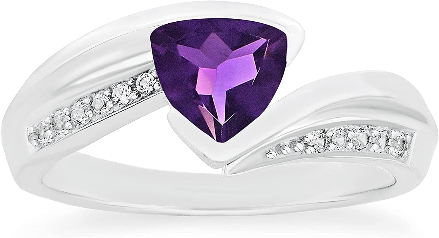 .925 Sterling Silver Trillion-Cut Birthstone & Lab Grown White Sapphire or CZ Double Shank Bypass Style Fashion Ring - Choice of Gem Color/Month 02 February - Natural Amethyst / 5