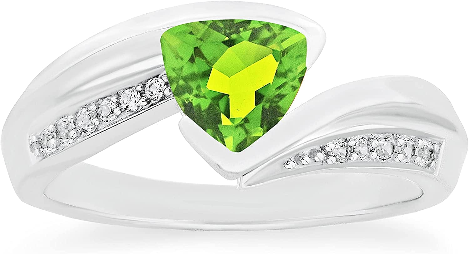 .925 Sterling Silver Trillion-Cut Birthstone & Lab Grown White Sapphire or CZ Double Shank Bypass Style Fashion Ring - Choice of Gem Color/Month 08 August - Created Quartz (Simulated Peridot) / 9