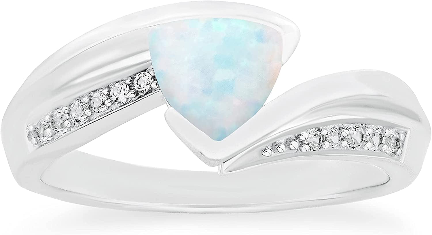 .925 Sterling Silver Trillion-Cut Birthstone & Lab Grown White Sapphire or CZ Double Shank Bypass Style Fashion Ring - Choice of Gem Color/Month 10 October - Created Opal / 6