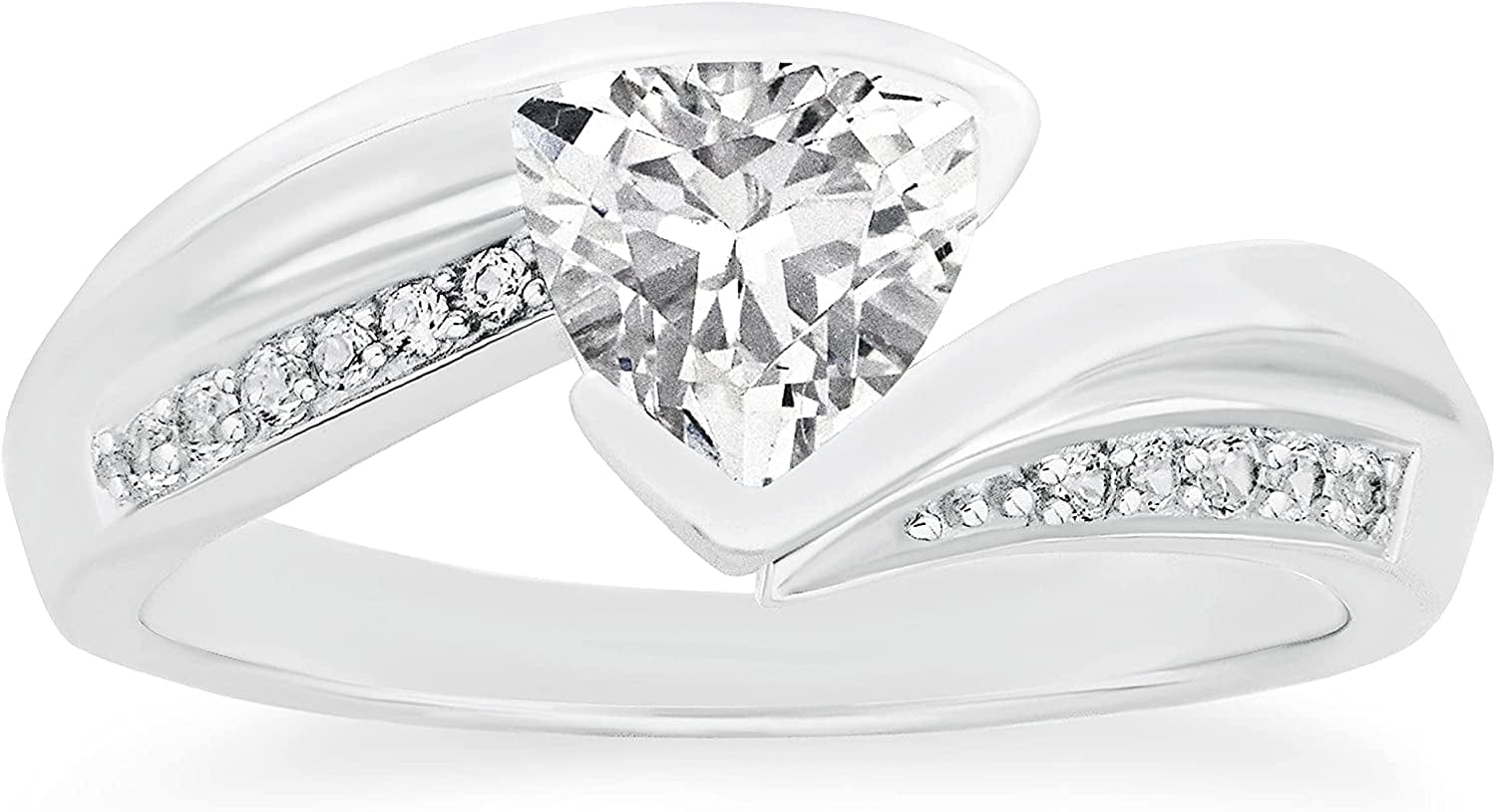 .925 Sterling Silver Trillion-Cut Birthstone & Lab Grown White Sapphire or CZ Double Shank Bypass Style Fashion Ring - Choice of Gem Color/Month 04 April - Cubic Zirconia / 5