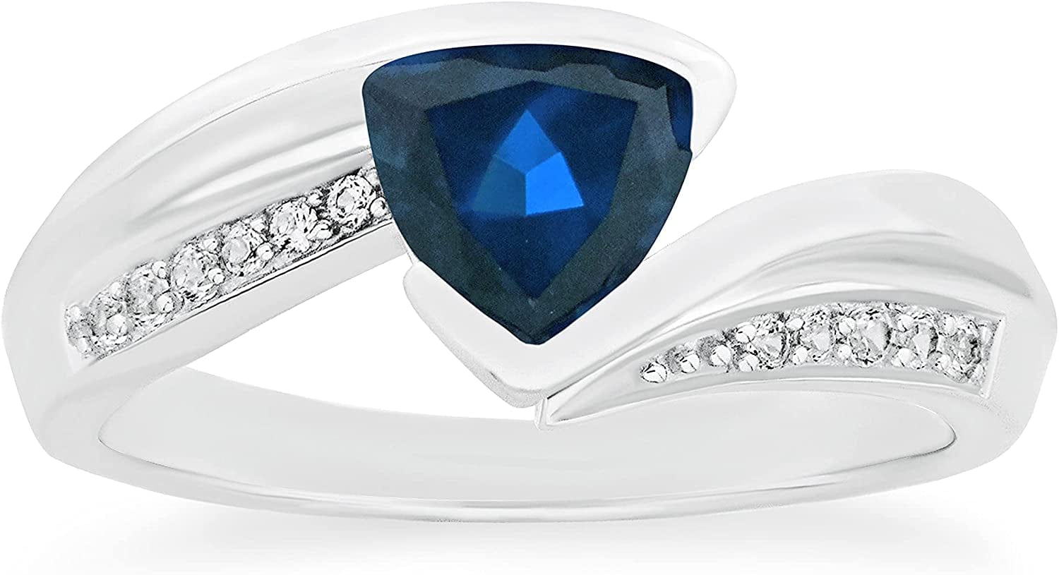 .925 Sterling Silver Trillion-Cut Birthstone & Lab Grown White Sapphire or CZ Double Shank Bypass Style Fashion Ring - Choice of Gem Color/Month 09 September - Created Blue Sapphire / 6