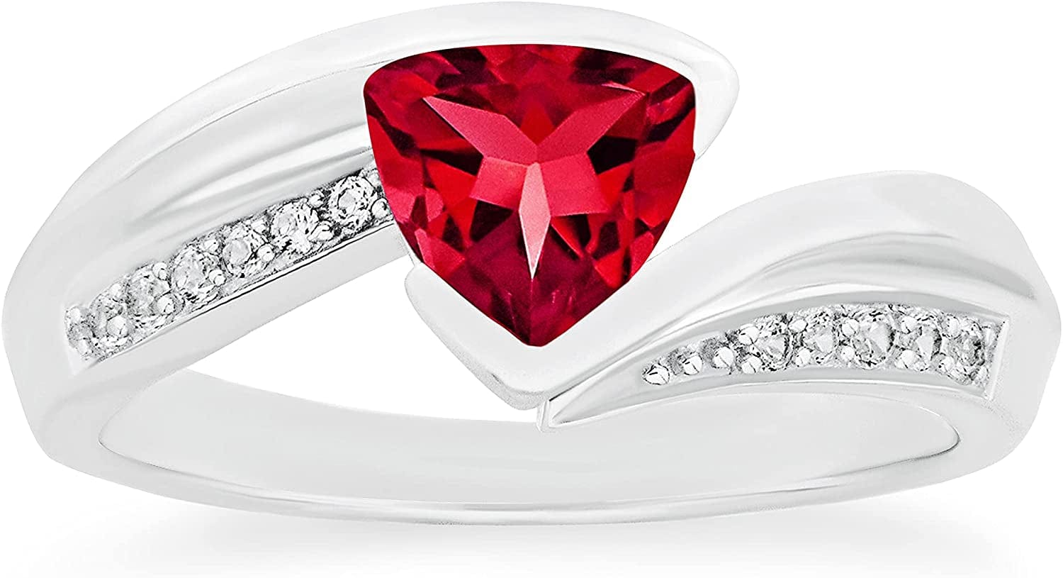.925 Sterling Silver Trillion-Cut Birthstone & Lab Grown White Sapphire or CZ Double Shank Bypass Style Fashion Ring - Choice of Gem Color/Month 07 July - Created Ruby / 6