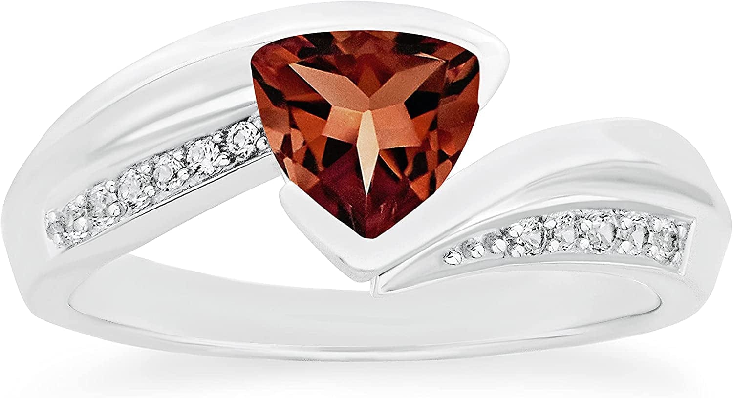 .925 Sterling Silver Trillion-Cut Birthstone & Lab Grown White Sapphire or CZ Double Shank Bypass Style Fashion Ring - Choice of Gem Color/Month 01 January - Natural Garnet / 9