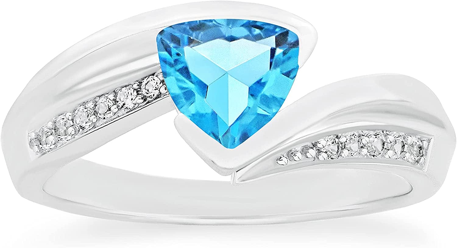 .925 Sterling Silver Trillion-Cut Birthstone & Lab Grown White Sapphire or CZ Double Shank Bypass Style Fashion Ring - Choice of Gem Color/Month 12 December - Natural Swiss Blue Topaz / 9
