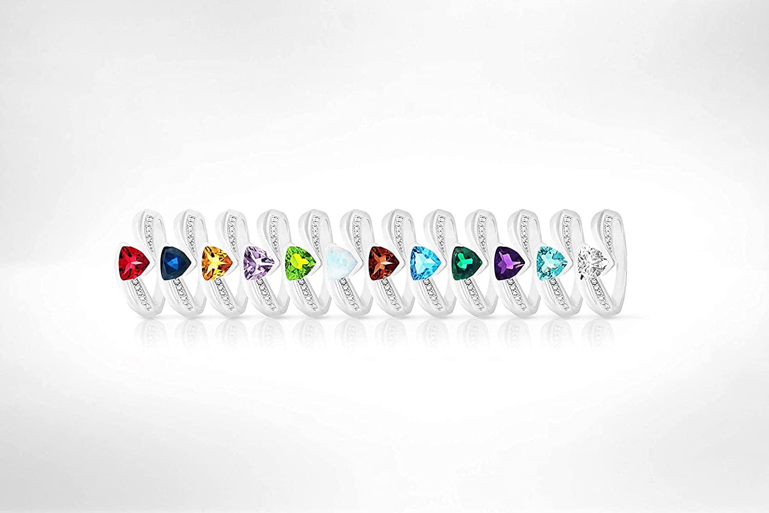 .925 Sterling Silver Trillion-Cut Birthstone & Lab Grown White Sapphire or CZ Double Shank Bypass Style Fashion Ring - Choice of Gem Color/Month