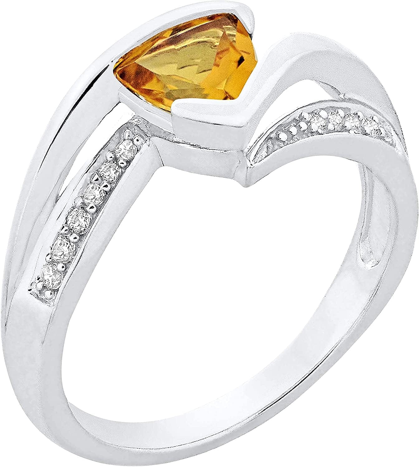 .925 Sterling Silver Trillion-Cut Birthstone & Lab Grown White Sapphire or CZ Double Shank Bypass Style Fashion Ring - Choice of Gem Color/Month