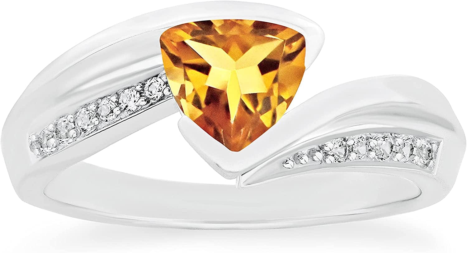 .925 Sterling Silver Trillion-Cut Birthstone & Lab Grown White Sapphire or CZ Double Shank Bypass Style Fashion Ring - Choice of Gem Color/Month 11 November - Natural Citrine / 5