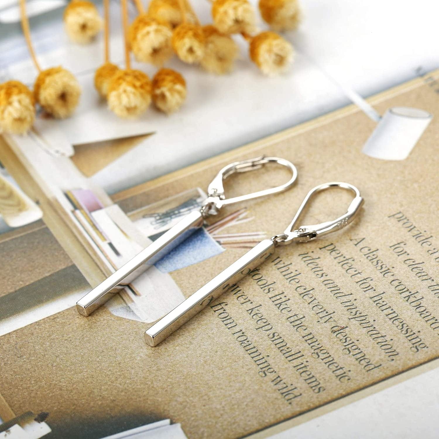 925 Sterling Silver Vertical Bar Dangle Earrings for Women Leverback Drop Earrings Elegant