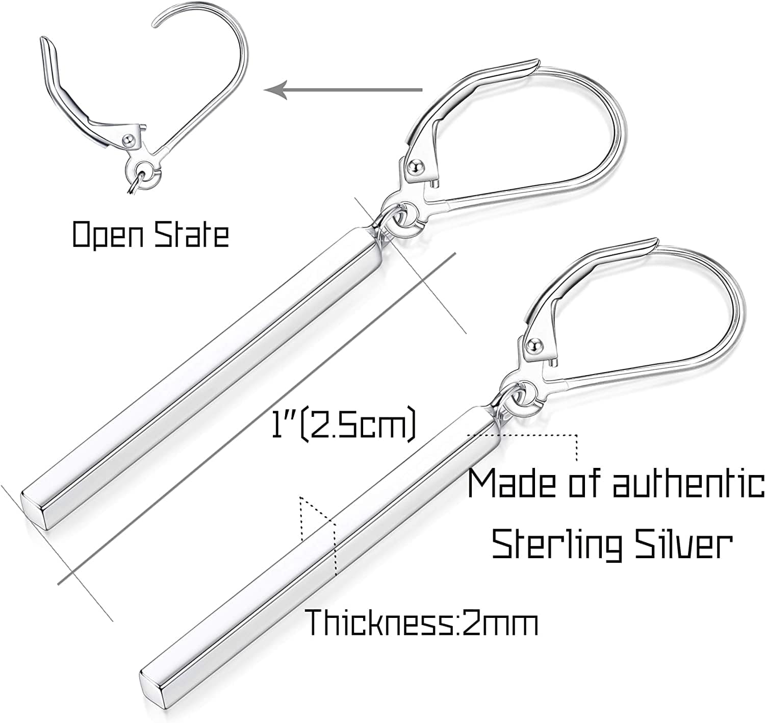 925 Sterling Silver Vertical Bar Dangle Earrings for Women Leverback Drop Earrings Elegant