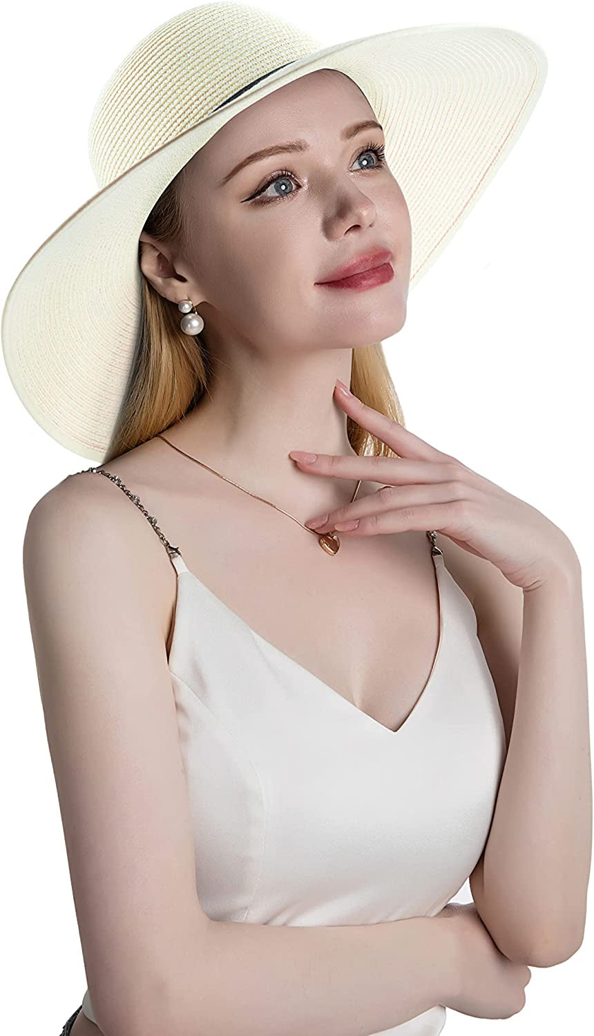 Koreshion Women Summer Wide Brim Straw Hat Beach Foldable Sun Hats Floppy Roll up Cap Uv UPF 50+ Caps Apparel & Accessories > Clothing Accessories > Hats Koreshion