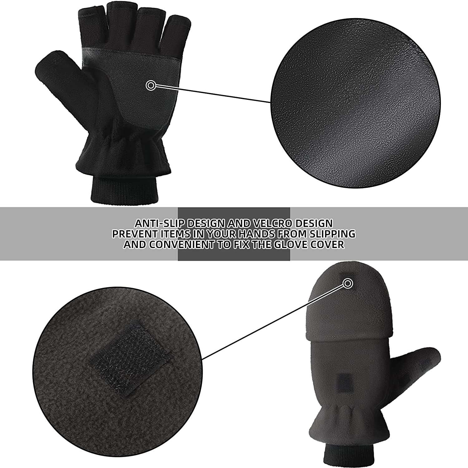 SATINIOR 2 Pairs Convertible Flip Top Mittens Fingerless Thermal Gloves Warm Winter Windproof Fleece Gloves for Men, Black, 20 Cm/ 7.87 Hes Apparel & Accessories > Clothing Accessories > Gloves & Mittens SATINIOR