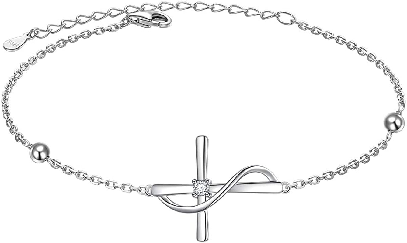 ATHENAA S925 Sterling Silver Concise Sideways Cross Pendant Necklace Bracelet Anklet Apparel & Accessories > Jewelry > Anklets ATHENAA Jewelry Factory C-Bracelet 7+2"