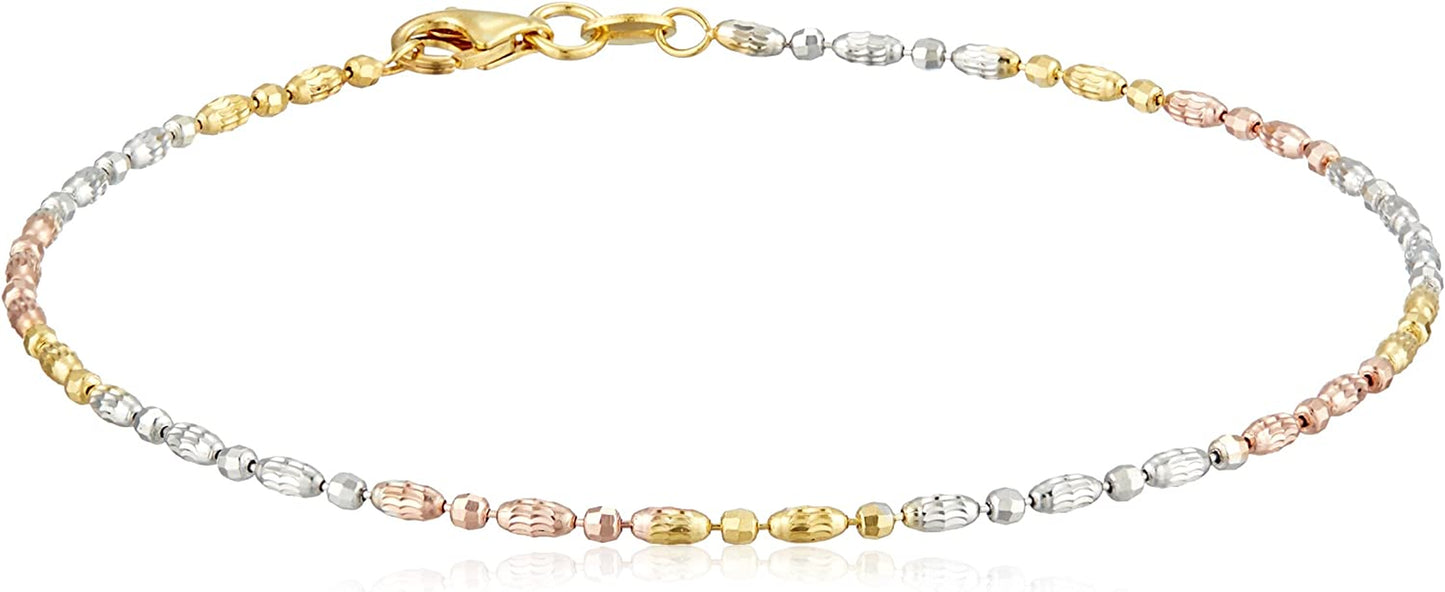 Collection Italian Sterling Silver Rhodium Plated Diamond Cut Oval and round Beads Mezzaluna Chain Ankle Bracelet Apparel & Accessories > Jewelry > Bracelets Media Imports Inc 10 Inches Tri-Color