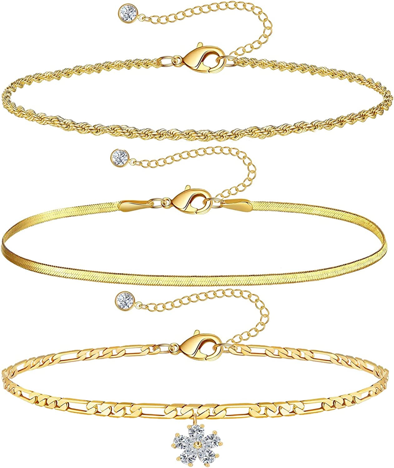 Gold Ankle Bracelets for Women 14K Gold Plated Anklet Silver Rose Gold Evil Eye Tennis Crystal Cubic Zirconia Faux Diamond Rhinestone Anklet Dainty Layered Anklet Set 3Pcs Apparel & Accessories > Jewelry > Anklets Vermeyen Y-Yellow Gold Figaro Chain
