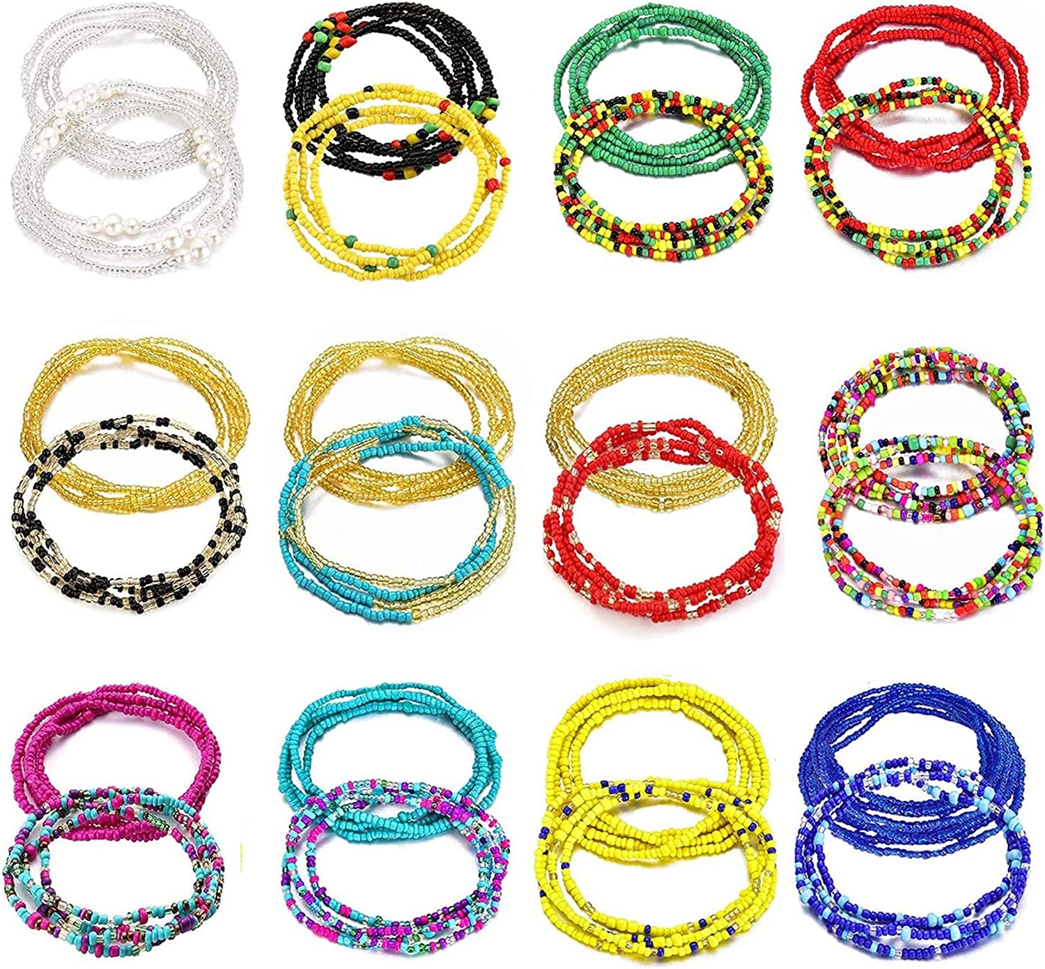 Honsny 24 Pcs Waist Beads for Women, Waist Chains Women Body Chain, Belly Beads Elastic Chain Colorful African Waist Beads plus Size for Loss Beach Bikini Jewelry for Woman Girl Apparel & Accessories > Jewelry > Body Jewelry Honsny Color-A