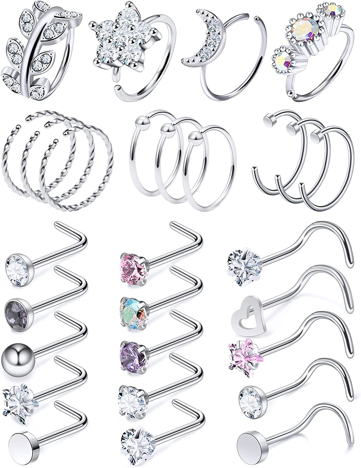 Kridzisw 18G 20G Nose Rings Hoop Stainless Steel L-Shaped Nose Rings Studs Screw Clear Clicker Retainer Tragus Cartilage Helix Earrings Piercing Hoop 27-36Pcs Apparel & Accessories > Jewelry > Body Jewelry Kridzisw 18G(1.0MM)-Silver