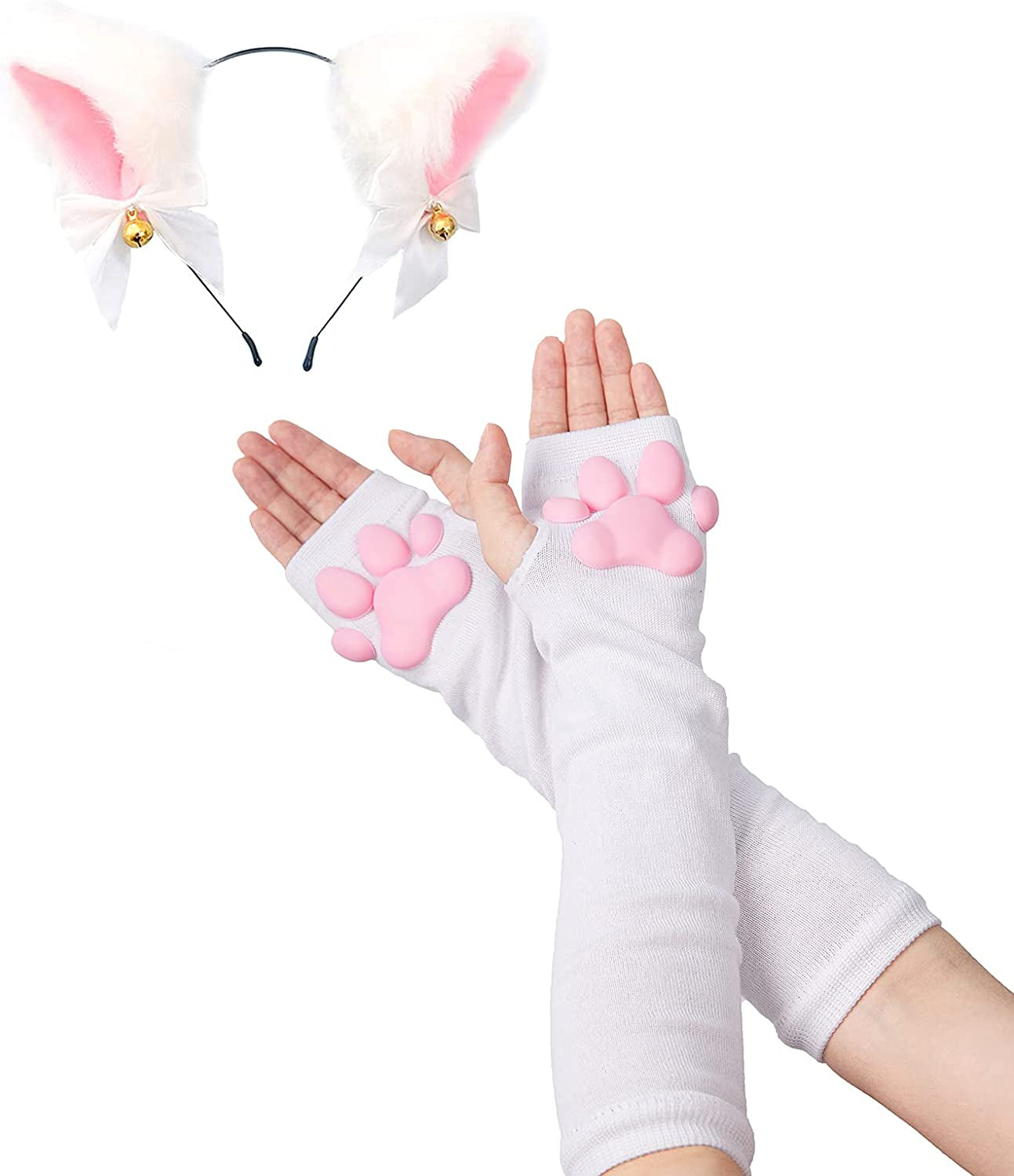 Cute Cat Paw Mittens Gloves, Kawaii Cat Cosplay Kawaii Soft 3D Toes Beans Fingerless Cat Claw Paws Pad Sleeve Apparel & Accessories > Clothing Accessories > Gloves & Mittens HOMEGYMFREE White Long+ears