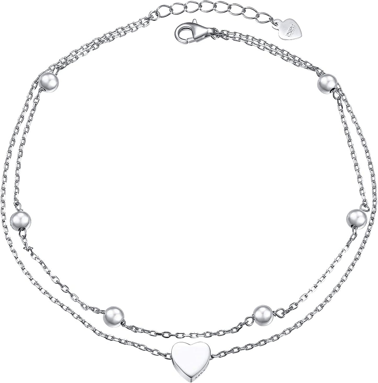 Flyow Anklet for Women S925 Sterling Silver Adjustable Foot Beaded Heart Charm Ankle Bracelet Anklets Jewelry Apparel & Accessories > Jewelry > Anklets FLYOW heart charm 9+1