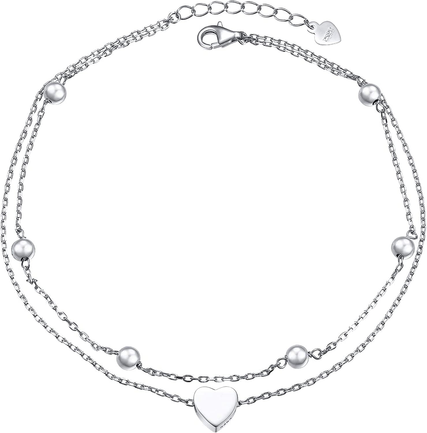 Flyow Anklet for Women S925 Sterling Silver Adjustable Foot Beaded Heart Charm Ankle Bracelet Anklets Jewelry Apparel & Accessories > Jewelry > Anklets FLYOW heart charm 9+1