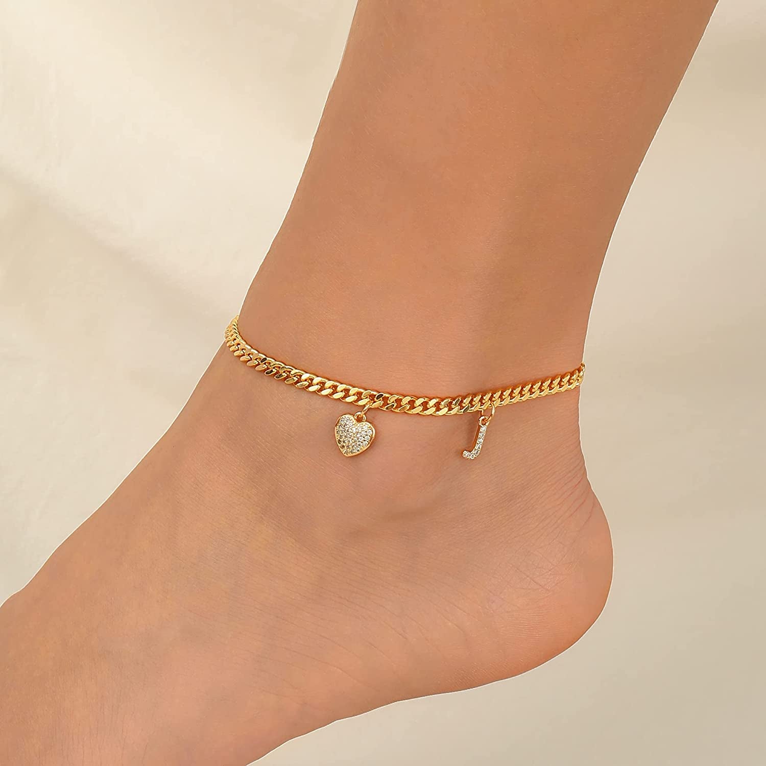 Gold Heart Ankle Bracelets for Women 14K Gold Plated Initial Charm Gold Anklets for Women Cuban Link Chain Heart Anklet Bracelets for Women Apparel & Accessories > Jewelry > Anklets BRIJEWLIC