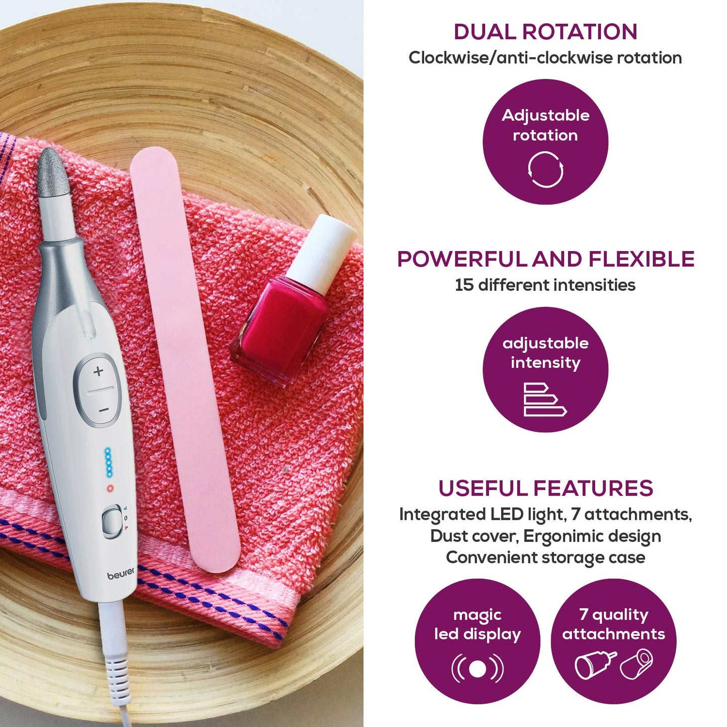 Beurer MP42 Nail Drill, 7-In-1 Nail Kit with Strong Sapphire Nail Drill Bits, Electric Nail File and Nail Buffer Includes Bright LED Light, Pedicure Kit and Manicure Set with Storage Case Health & Beauty > Personal Care > Foot Care Beurer