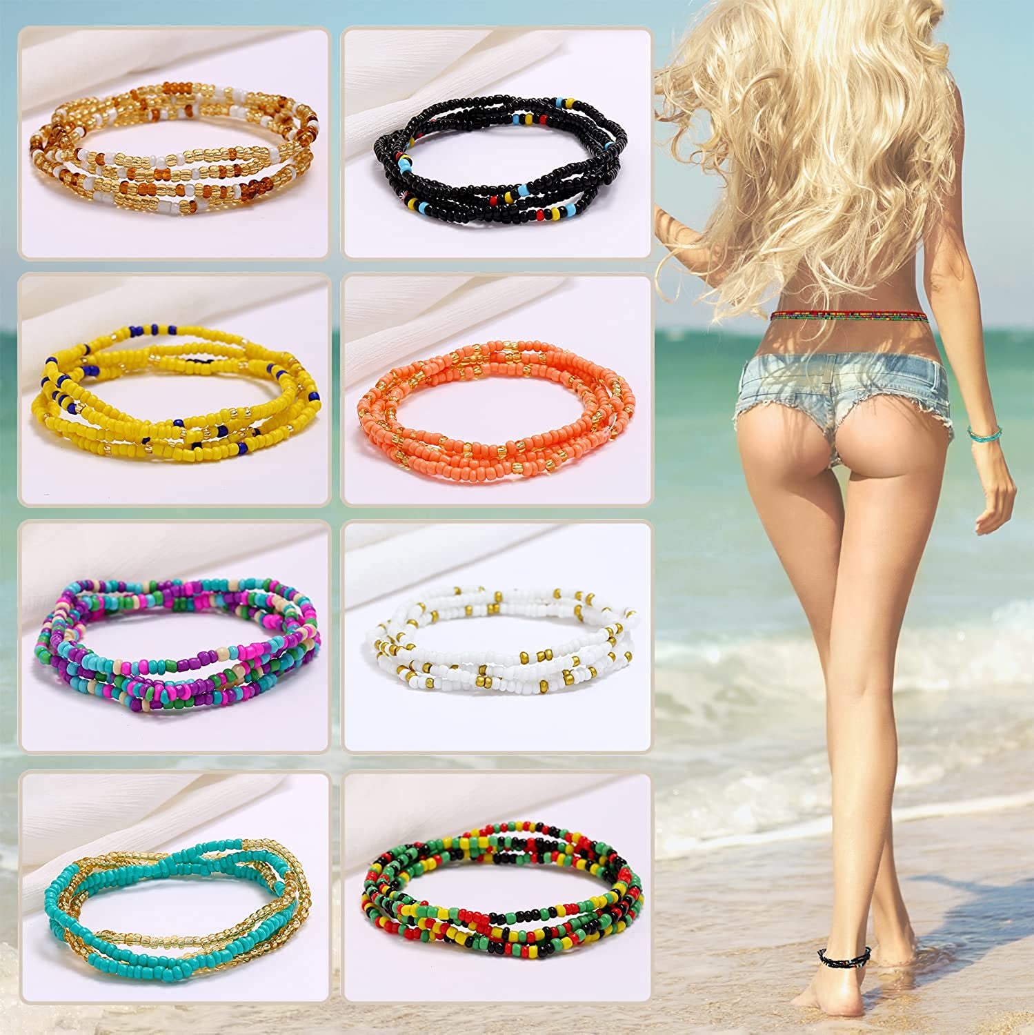 Taouzi 8-12Pcs Waist Beads for Women Weight Loss Colorful Beaded Body Chain Handmade Boho Waist Chains Belly Bead Body Chain Jewelry for Women Apparel & Accessories > Jewelry > Body Jewelry Taouzi