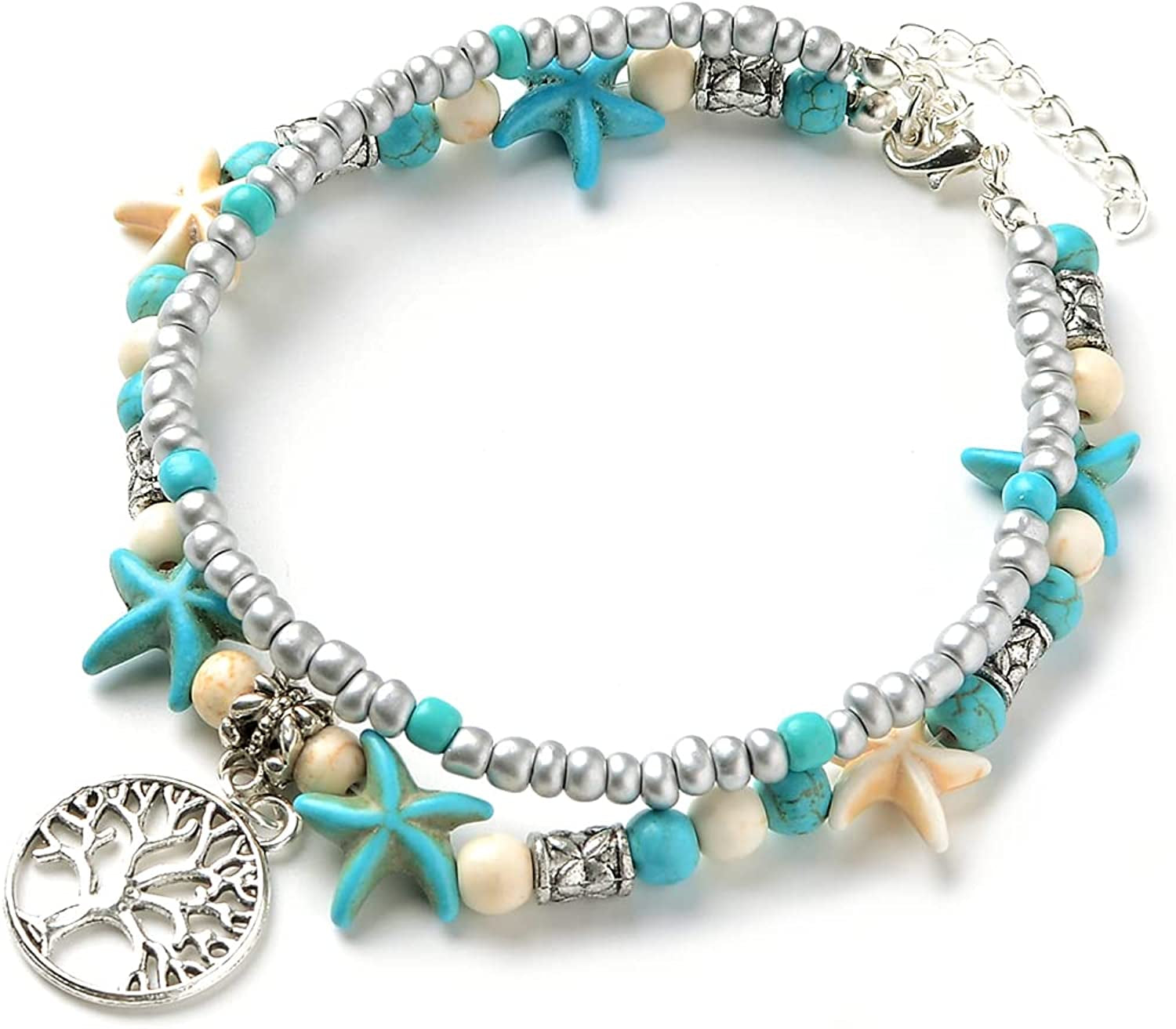 Starain Blue Turtle Anklets for Women Girls Multilayer Beads Handmade Beach Ankle Bracelet Set Boho Foot Jewelry Apparel & Accessories > Jewelry > Anklets Starain Single - Tree