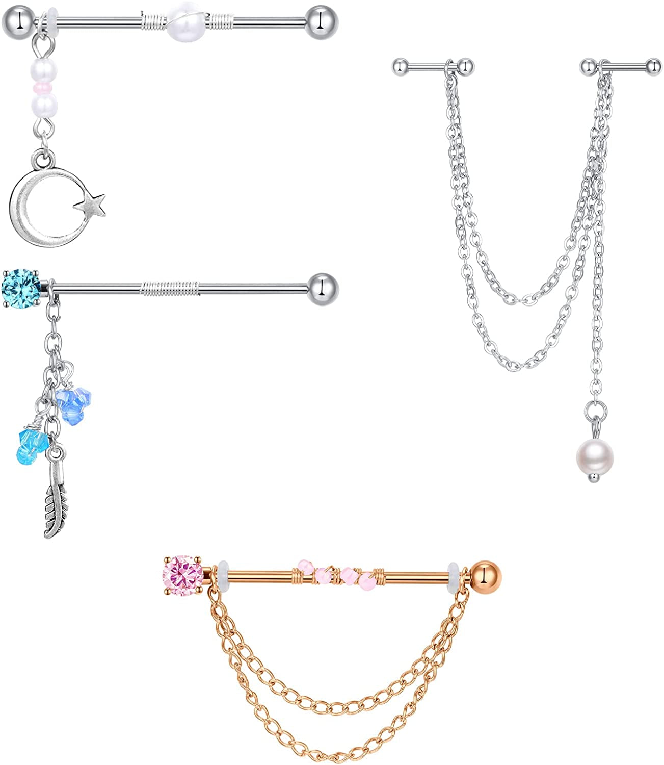 QWALIT Industrial Piercing Jewelry Industrial Piercing Industrial Earrings for Women Men 16G 14G Industrial Barbell Surgical Stainless Steel Scaffold Industrial Bar Piercing Iindustrial Bar Apparel & Accessories > Jewelry > Body Jewelry QWALIT F11: 14g - dangle chain