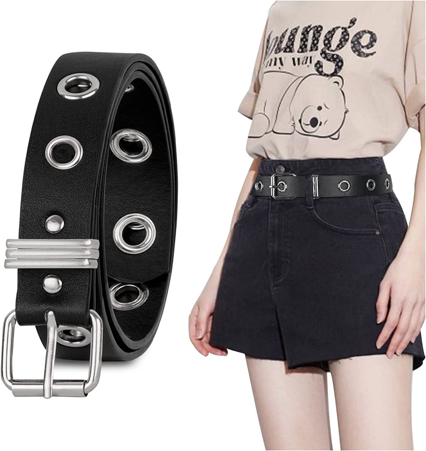 FIORETTO Grommet Leather Belt with Detachable Chain Women Men Punk Rock Waist Belts for Jeans Pants Apparel & Accessories > Clothing Accessories > Belts FIORETTO Single Grommet (Black-silver) One Size